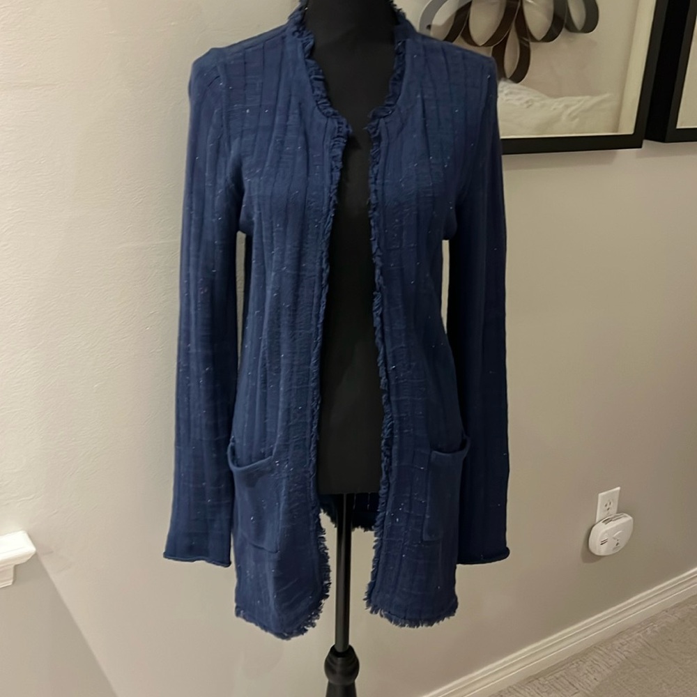 CAbi "DUCHESS 181" Long Navy Blue CARDIGAN! 100% COTTON Frayed Edges Speckled S